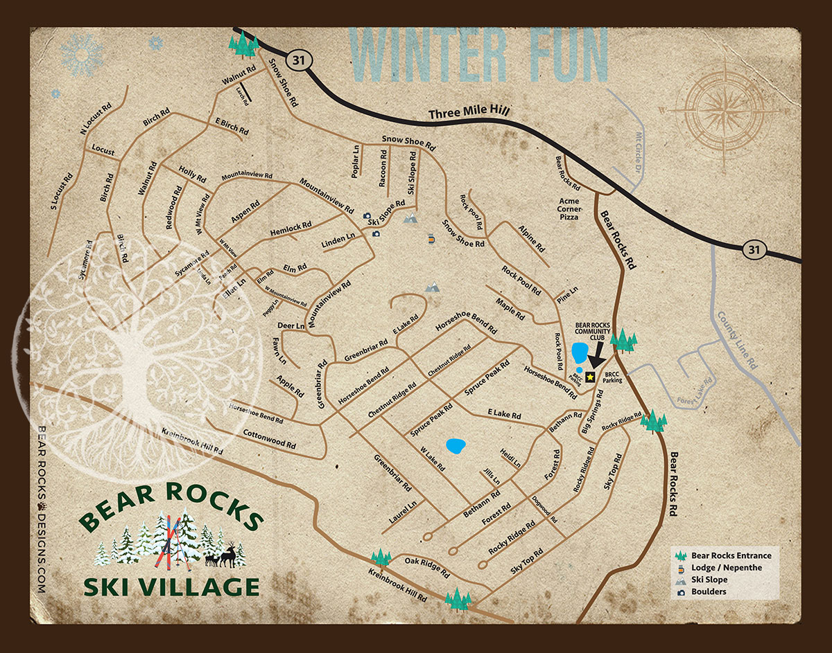 Bear Rocks Ski Village Illustrated Map of Neighborhood Print - 11x14
