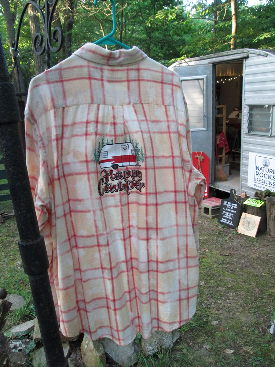 Vintage flannels - bleach dyed with Happy Camper graphic on back