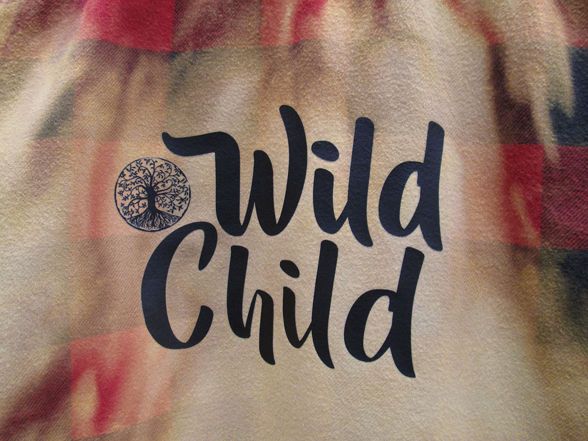 Vintage flannel - artwear - bright red hues yellow - Wild Child and tree on back #24 - Image 6