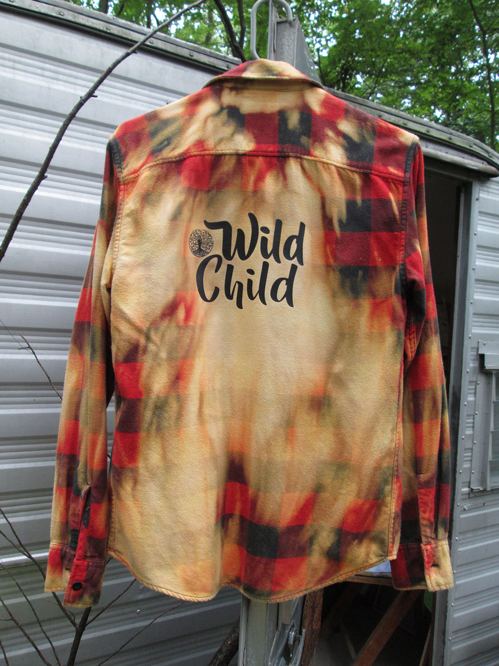 Vintage flannel - artwear - bright red hues yellow - Wild Child and tree on back #24