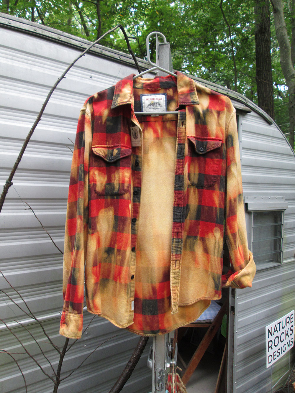 Vintage flannel - artwear - bright red hues yellow - Wild Child and tree on back #24 - Image 4