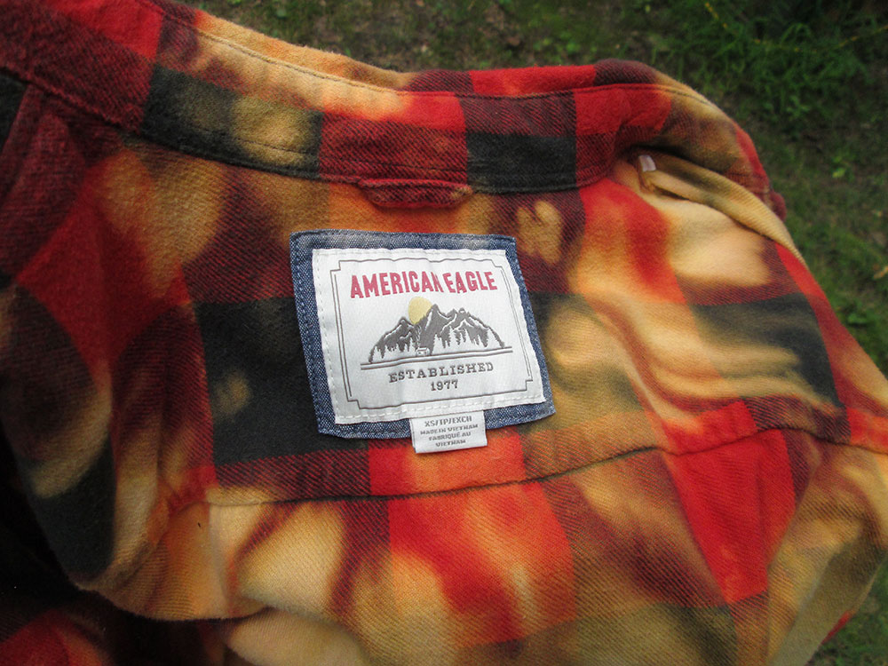 Vintage flannel - artwear - bright red hues yellow - Wild Child and tree on back #24 - Image 3