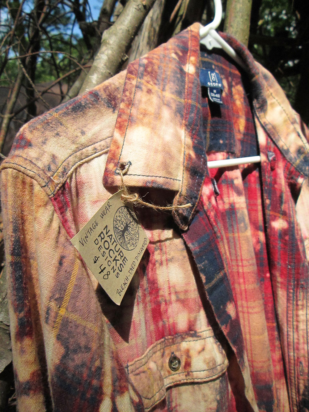 Vintage flannel - artwear - bleach dyed with maroons peaches #20
