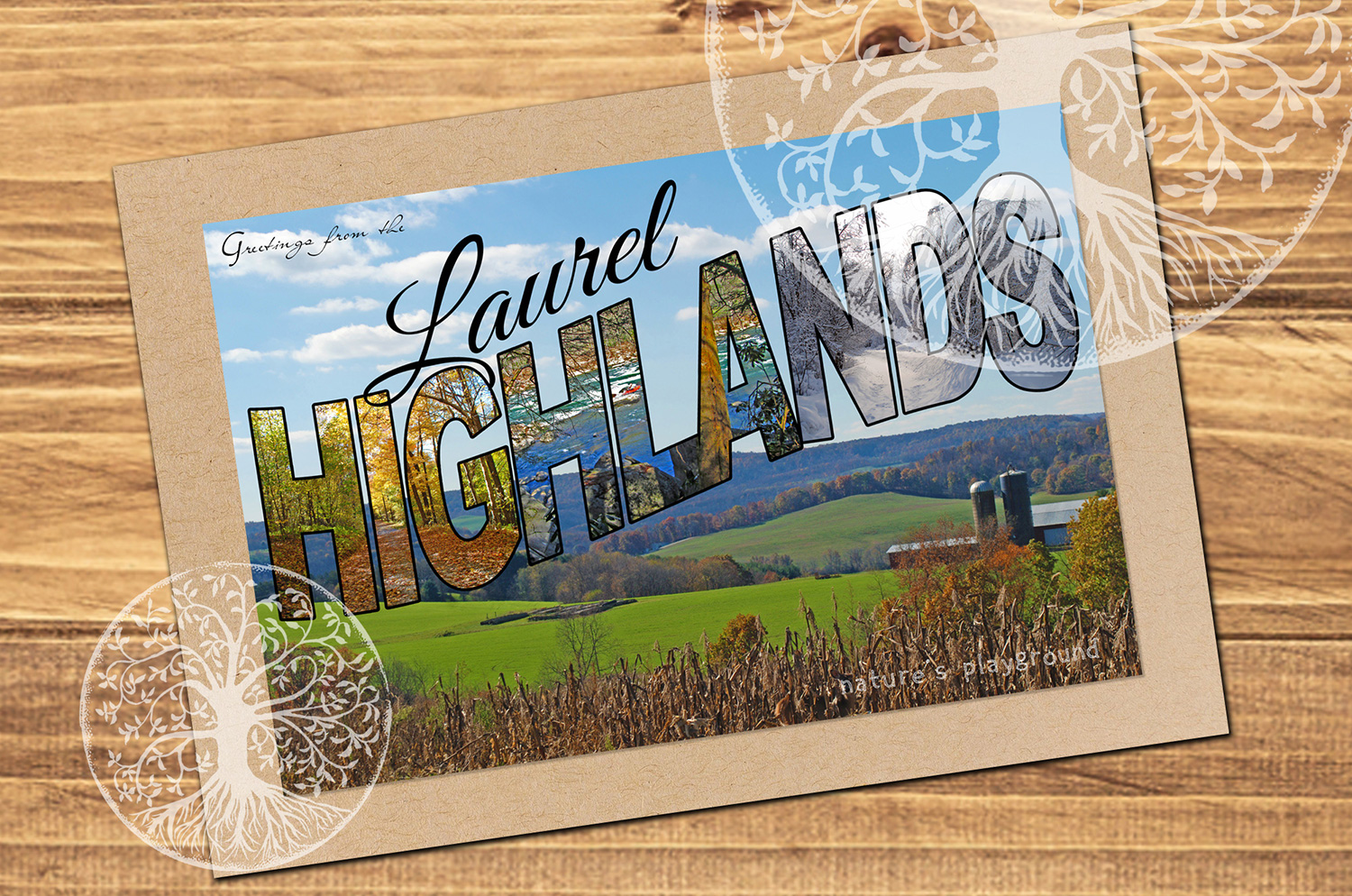 Art Note Card folded single - Greetings from the Laurel Highlands - Handmade vintage postcard style