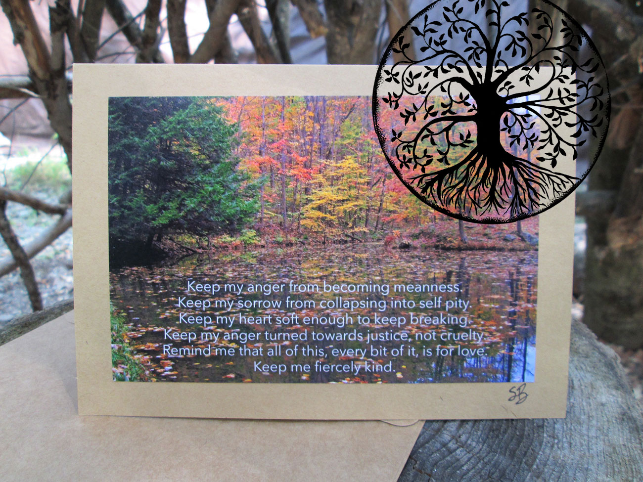 Art Note Card single - Pond at Seven Springs - bright fall colors - with quote - Hand Crafted