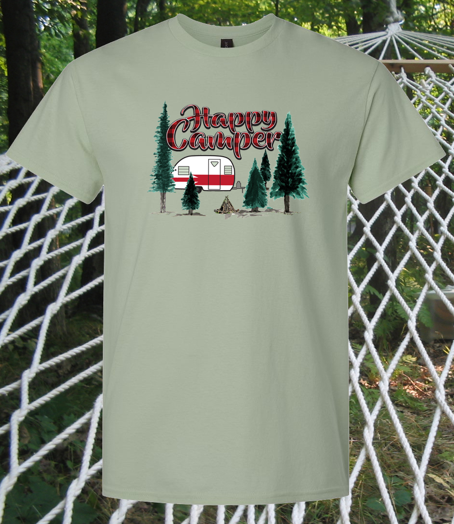 Happy Camper scene in woods with logs – Sage T-shirt