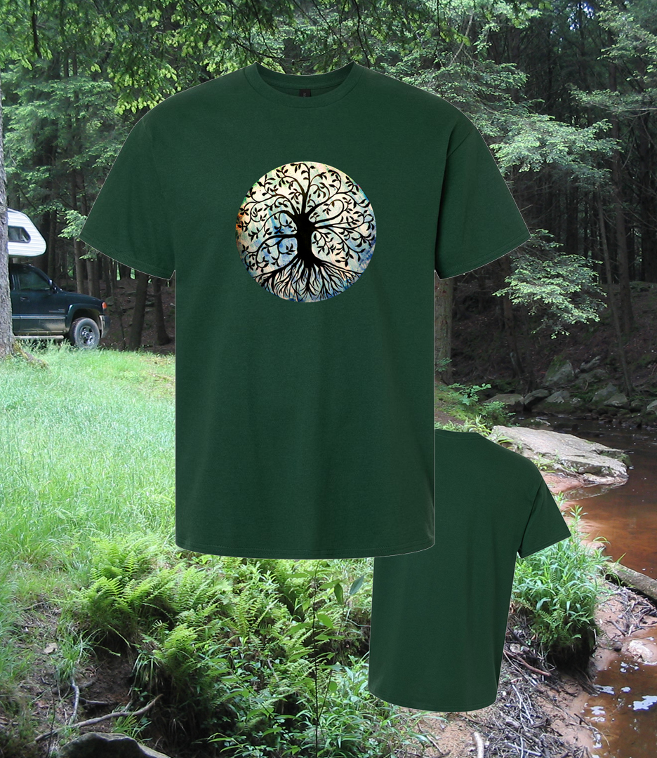 Nature Rocks Design Tree logo full color on forest green tshirt