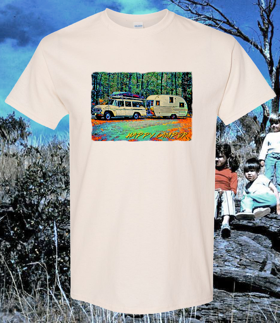 Retro Scotty Camper and Travellall vintage photo - Happy Camper - on Natural shirt - Image 3